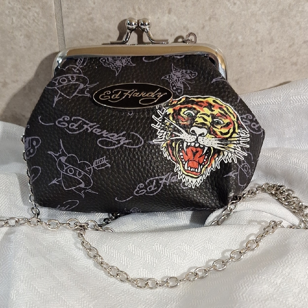 Vintage Ed Hardy Black Crossbody with Colorful Tiger Patch and Silver Chain
